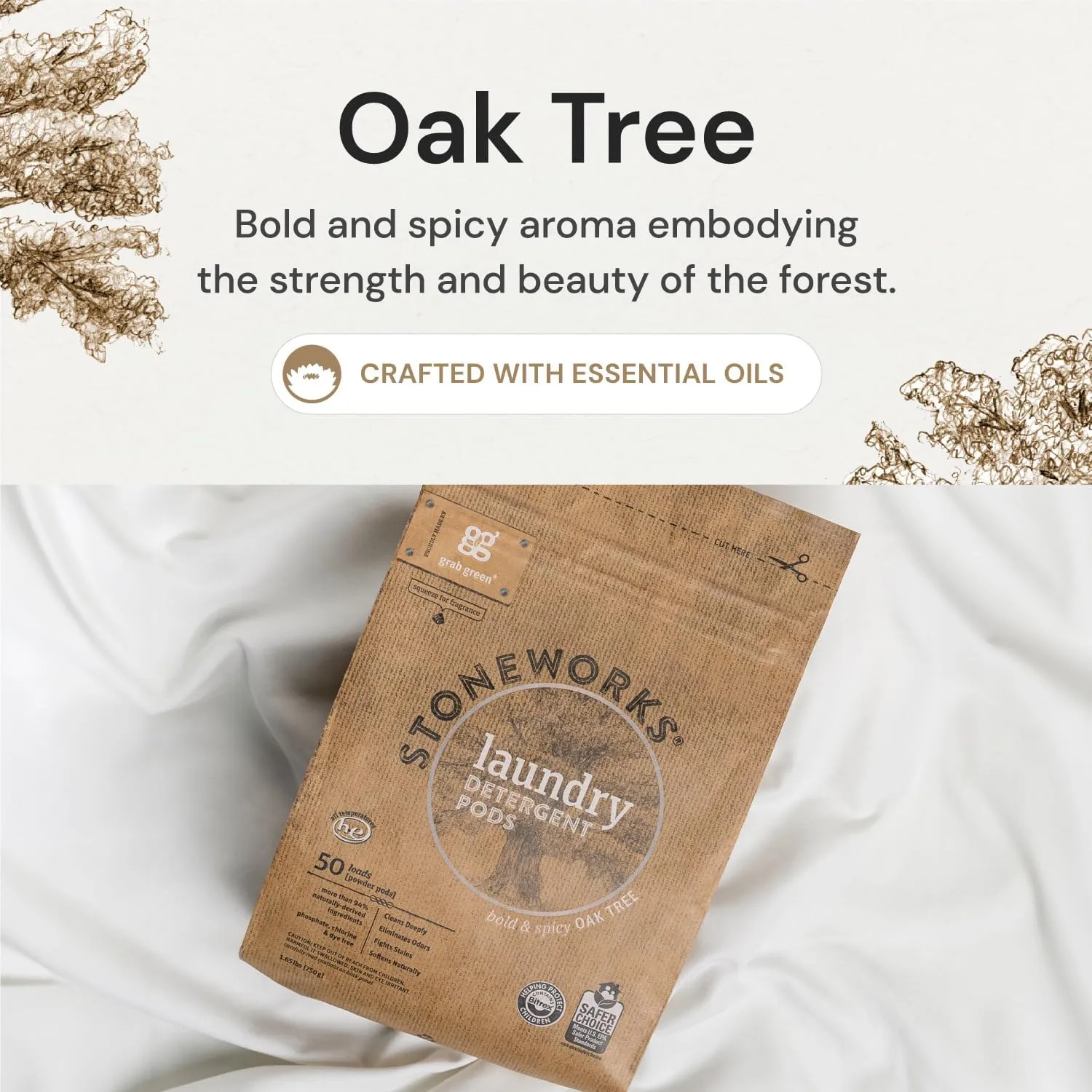 Grab Green Stoneworks Natural Laundry Detergent Powder Pods, Oak Tree, 50 loads