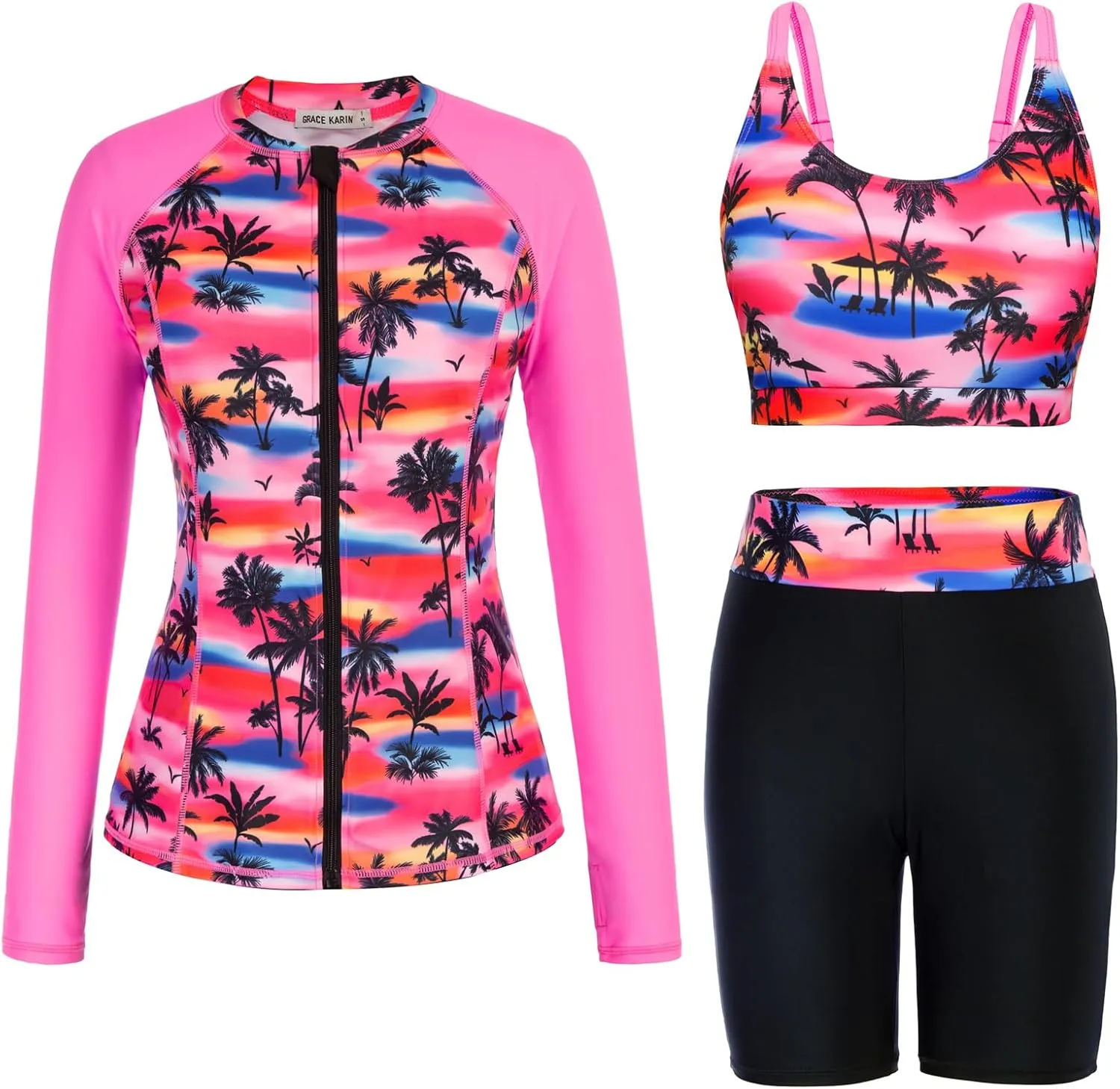 GRACE KARIN Women's 3 Piece Rash Guard Built-in Bra Long Sleeve UV Sun Protection Swimsuit Zip up Swim Top Shirt Modest