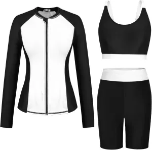 GRACE KARIN Women's 3 Piece Rash Guard Built-in Bra Long Sleeve UV Sun Protection Swimsuit Zip up Swim Top Shirt Modest