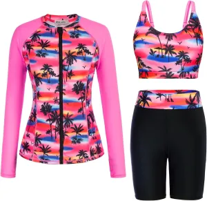 GRACE KARIN Women's 3 Piece Rash Guard Built-in Bra Long Sleeve UV Sun Protection Swimsuit Zip up Swim Top Shirt Modest