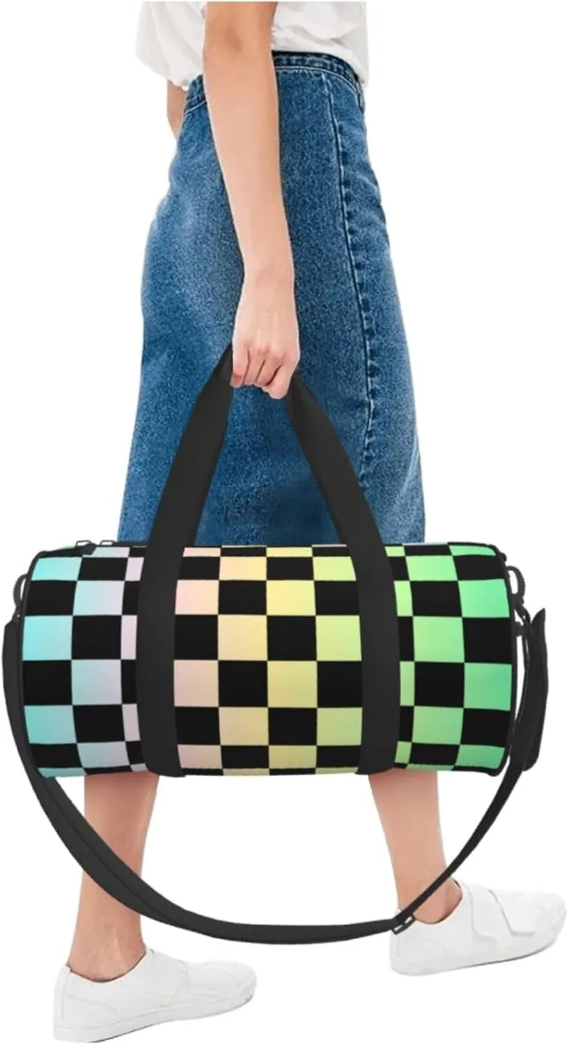 Gradient Color Checkered Sports Gym Bag Travel Duffel Bag Shoes Compartment For Men Women Foldable Lightweight Yoga Gym Sports Bag