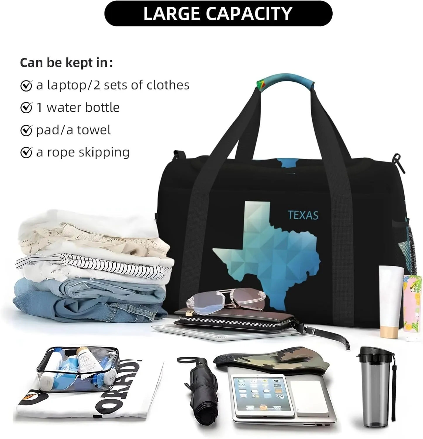 Gradient Geometric Texas Map Travel Duffel Bag Large Foldable Waterproof Overnight Bag For Beach Swim Bags Pool Sports Gym