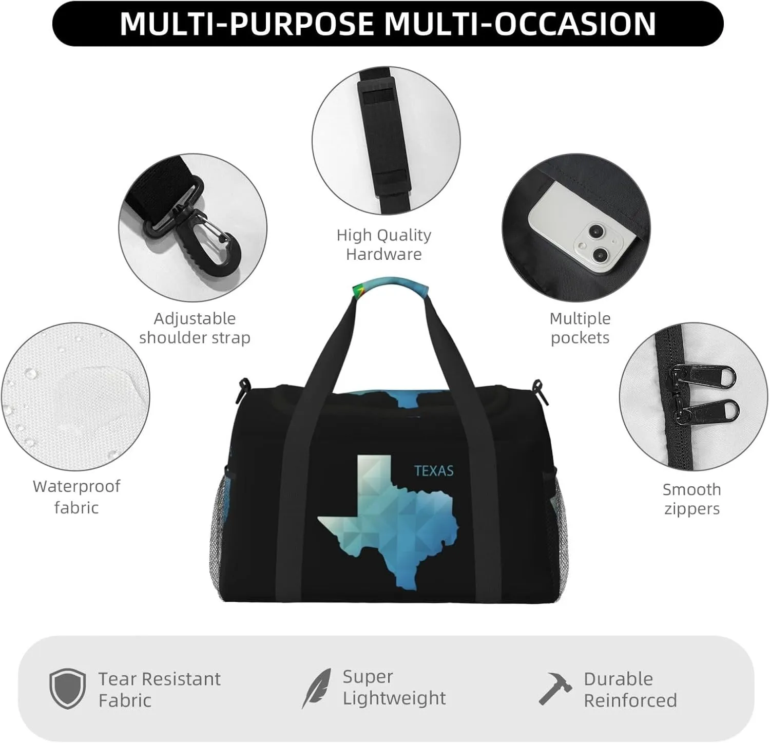 Gradient Geometric Texas Map Travel Duffel Bag Large Foldable Waterproof Overnight Bag For Beach Swim Bags Pool Sports Gym