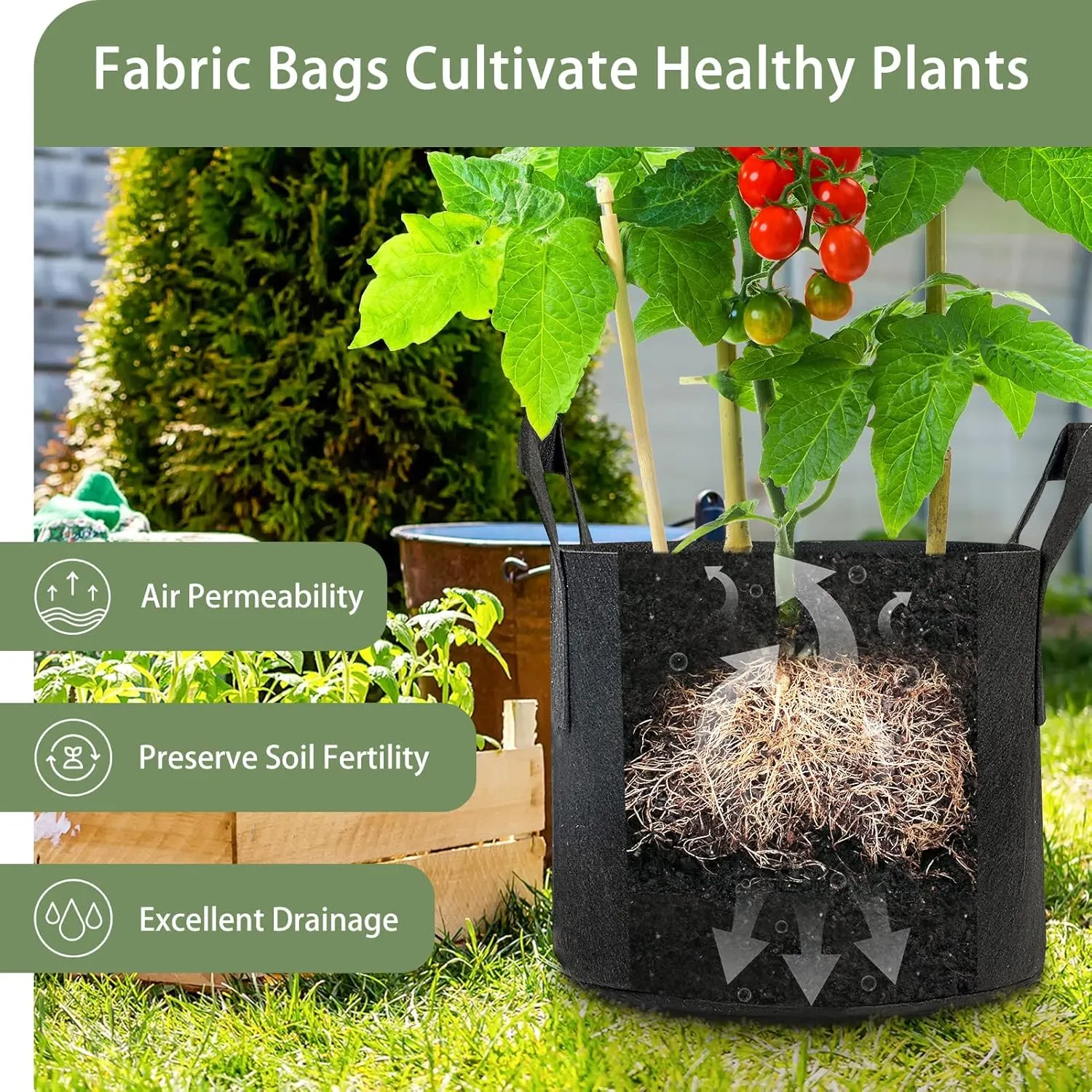 GreatBuddy 7 Gallon Grow Bags 6-Pack, Thick Fabric Pots for Plants, Sturdy Handles & Reinforced Stitching, Labels Included, Black