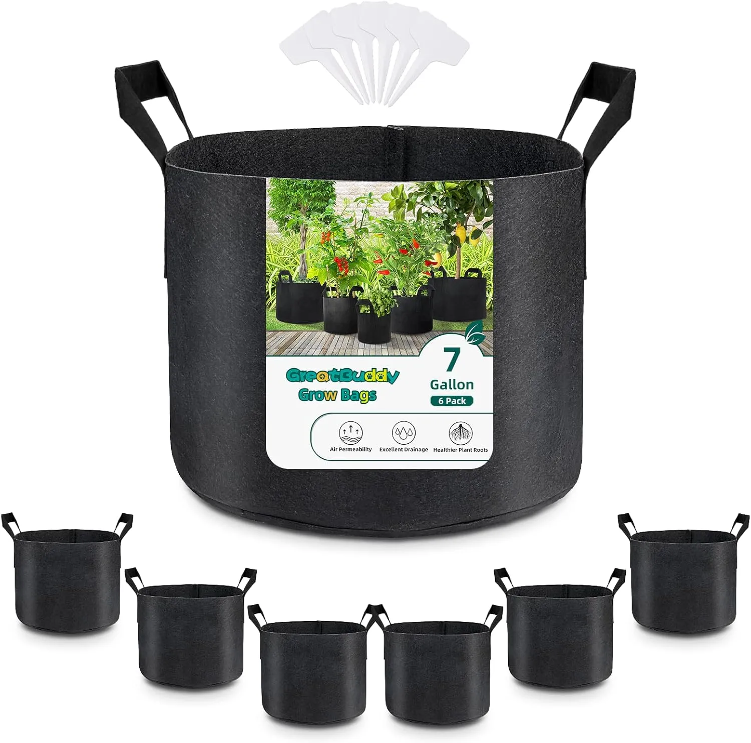 GreatBuddy 7 Gallon Grow Bags 6-Pack, Thick Fabric Pots for Plants, Sturdy Handles & Reinforced Stitching, Labels Included, Black