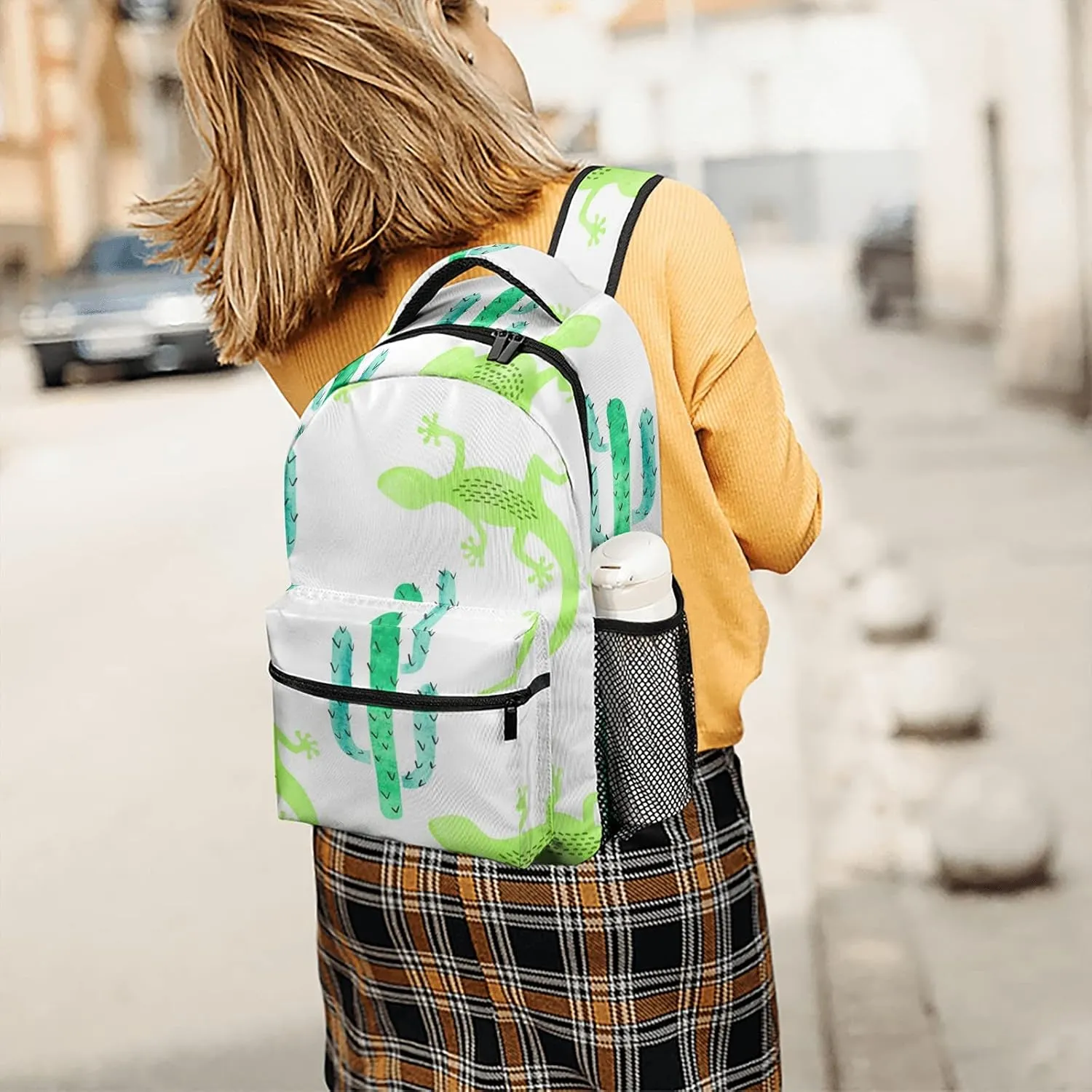 Green Watercolor Lizard and Cactus Kids Backpack, Student School Bags for Boys & Girls, Bookbags with Adjustable Strapfor Travel