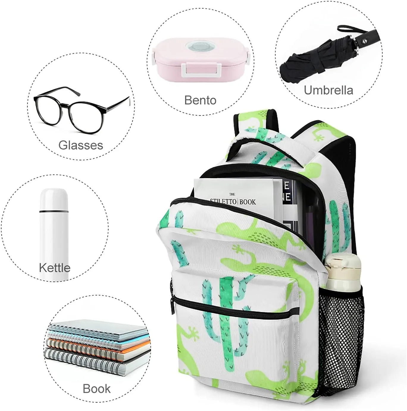 Green Watercolor Lizard and Cactus Kids Backpack, Student School Bags for Boys & Girls, Bookbags with Adjustable Strapfor Travel