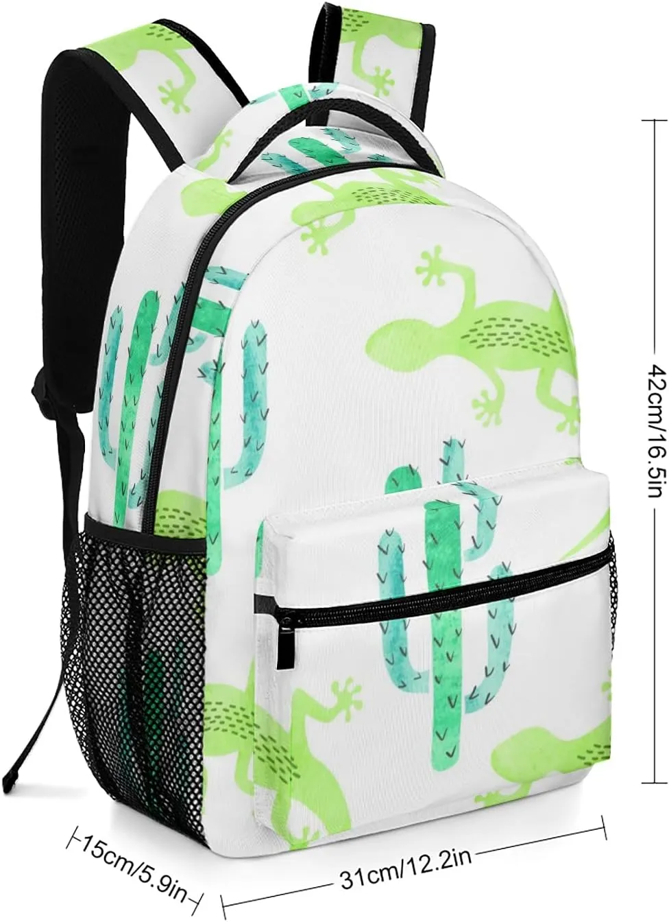 Green Watercolor Lizard and Cactus Kids Backpack, Student School Bags for Boys & Girls, Bookbags with Adjustable Strapfor Travel