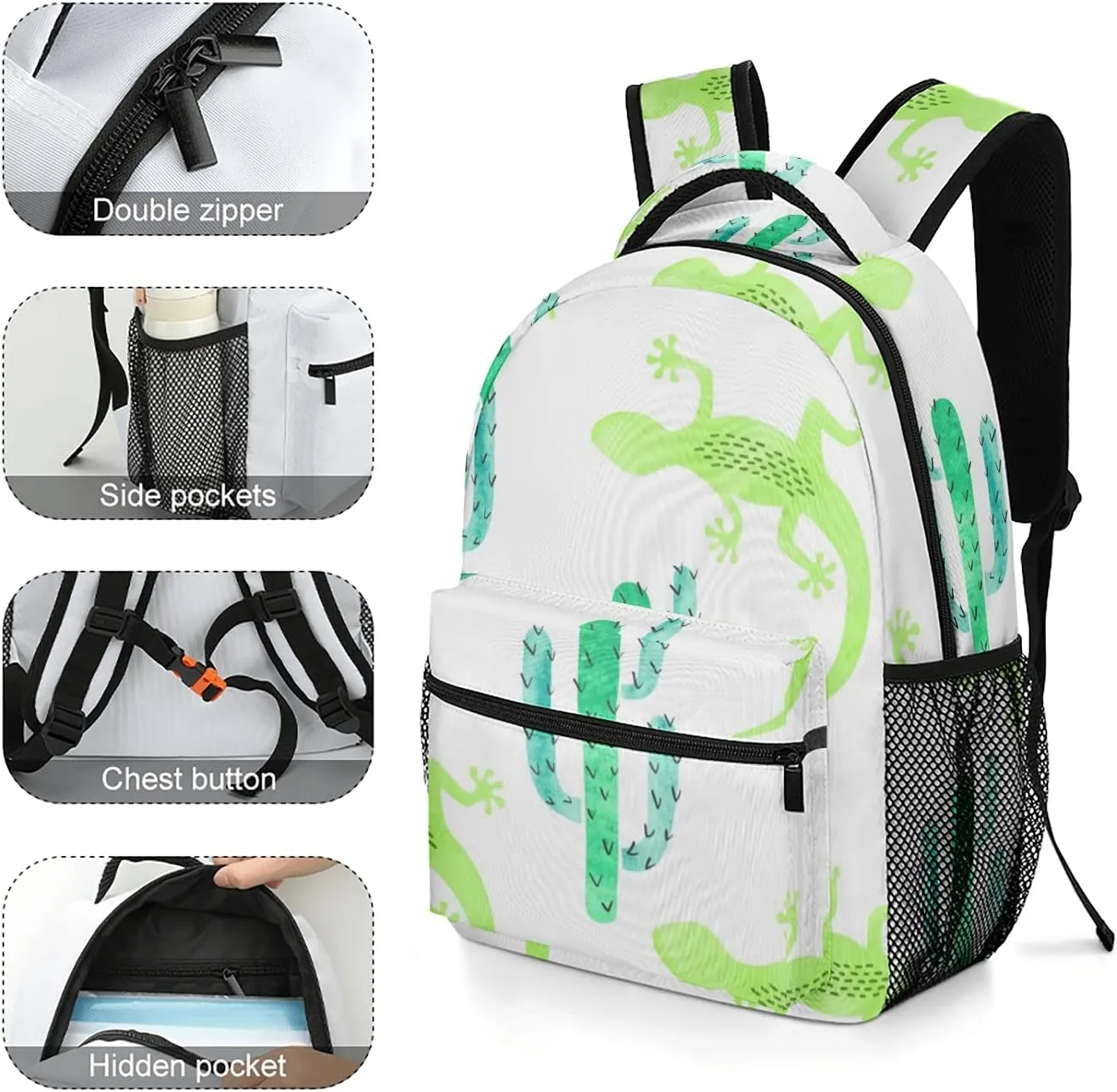 Green Watercolor Lizard and Cactus Kids Backpack, Student School Bags for Boys & Girls, Bookbags with Adjustable Strapfor Travel