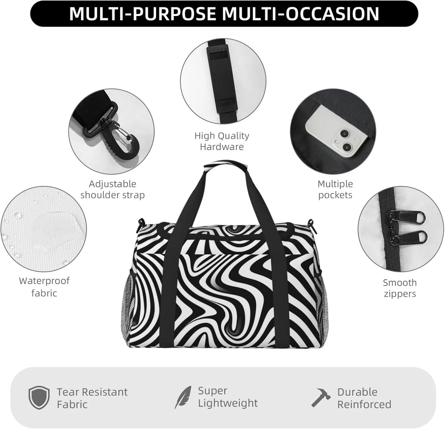 Gym Bag Whirlpool Illusion Duffel Bag for Men Women Travel Overnight Bag with Shoe Compartment Workout Bags