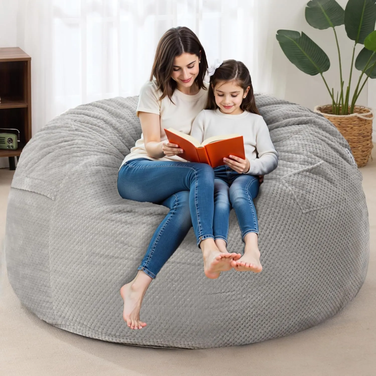 HABUTWAY Bean Bag Chair, Giant Bean Bag Chair with Washable Chenille Cover Ultra Soft, Convertible Bean Bag from Chair to Mattress, Huge Chenille Bean Bags for Adult, Couples, Family (Grey Queen)