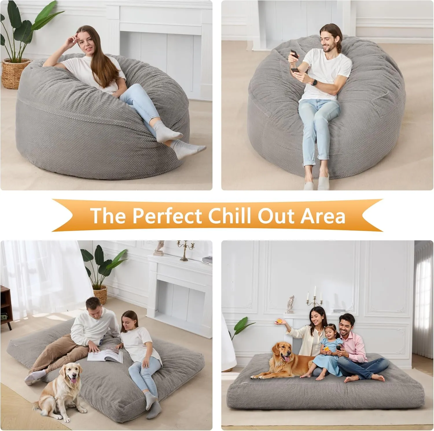 HABUTWAY Bean Bag Chair, Giant Bean Bag Chair with Washable Chenille Cover Ultra Soft, Convertible Bean Bag from Chair to Mattress, Huge Chenille Bean Bags for Adult, Couples, Family (Grey Queen)