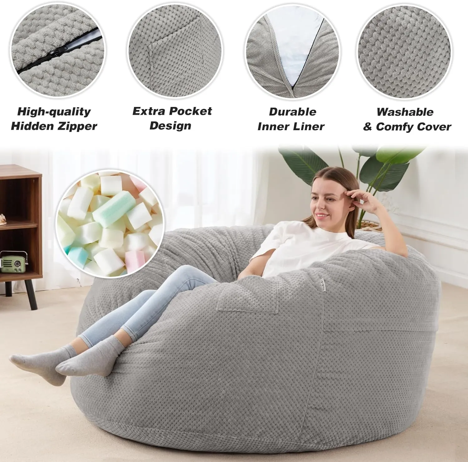 HABUTWAY Bean Bag Chair, Giant Bean Bag Chair with Washable Chenille Cover Ultra Soft, Convertible Bean Bag from Chair to Mattress, Huge Chenille Bean Bags for Adult, Couples, Family (Grey Queen)