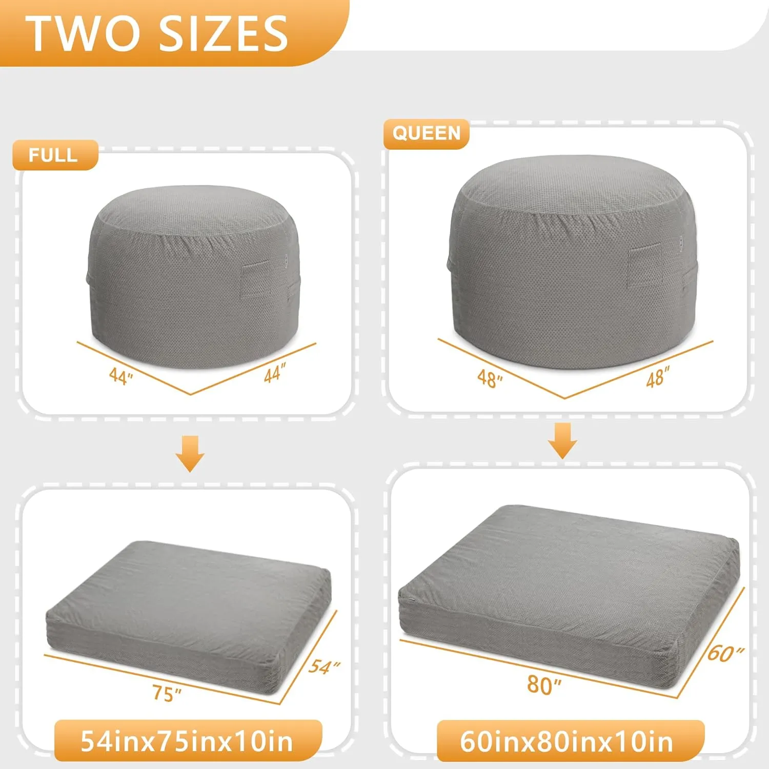 HABUTWAY Bean Bag Chair, Giant Bean Bag Chair with Washable Chenille Cover Ultra Soft, Convertible Bean Bag from Chair to Mattress, Huge Chenille Bean Bags for Adult, Couples, Family (Grey Queen)