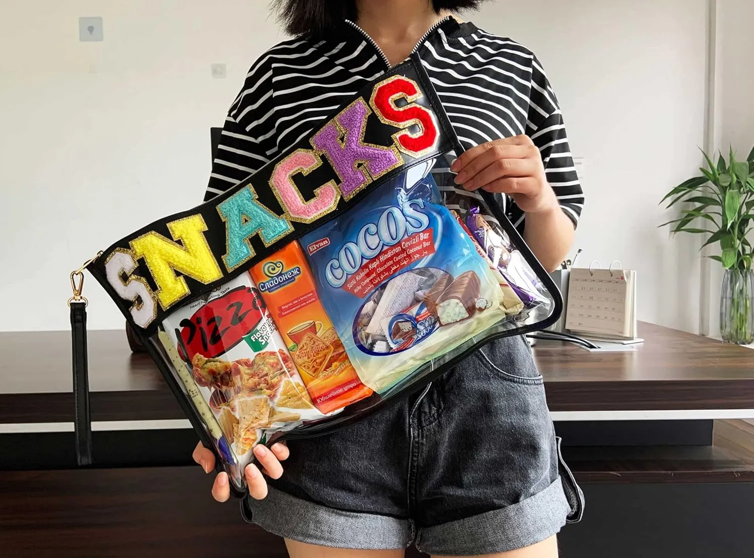 HAIBOLAN Monogram Clear Stadium Purse Bag Chenille Letter Travel Patch Pouch Snack Makeup Wristlet