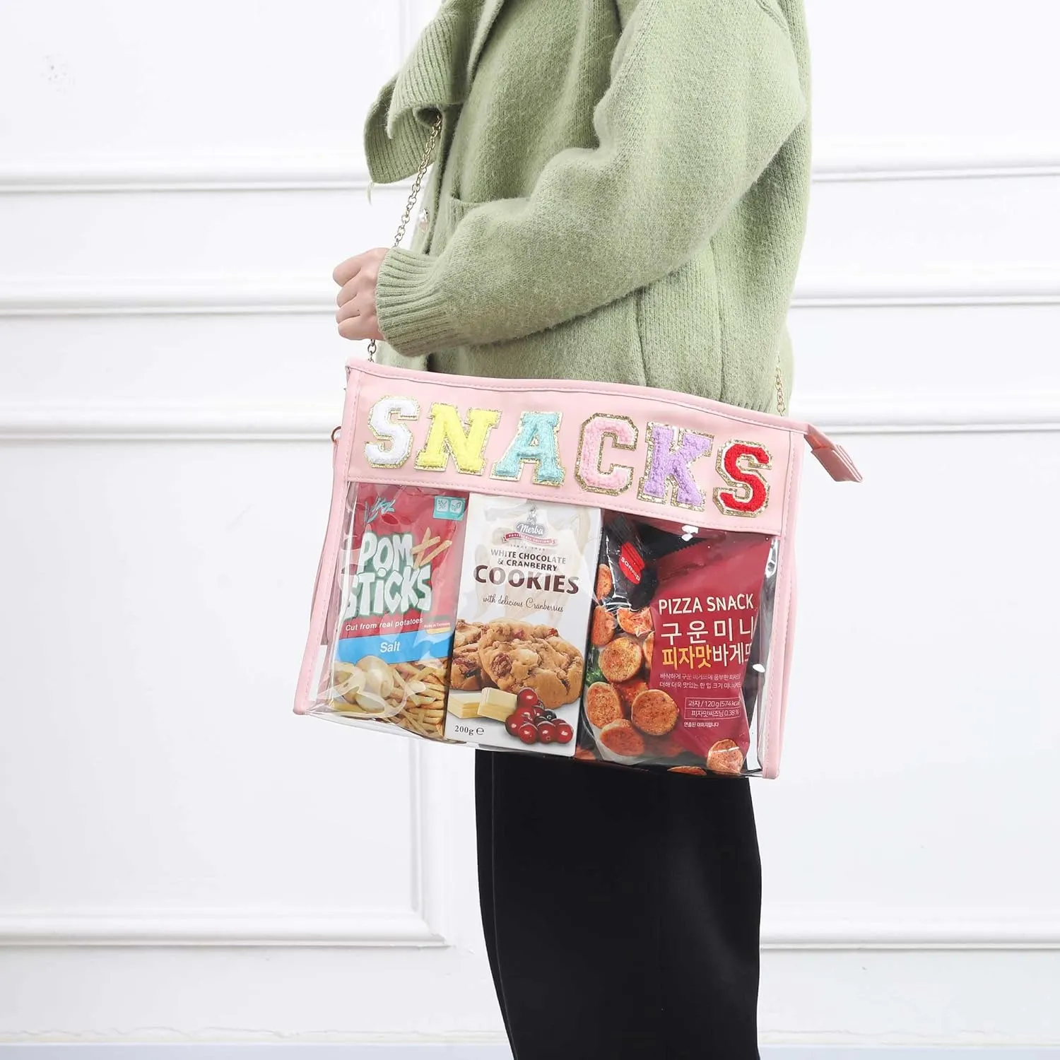 HAIBOLAN Monogram Clear Stadium Purse Bag Chenille Letter Travel Patch Pouch Snack Makeup Wristlet