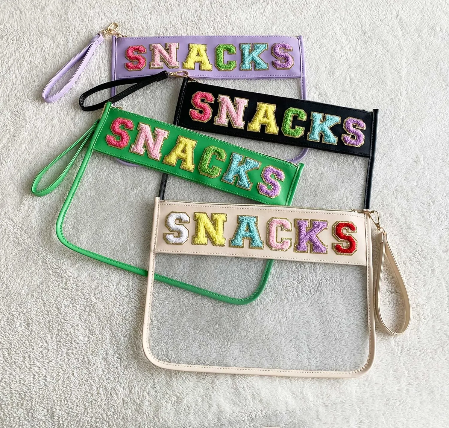 HAIBOLAN Monogram Clear Stadium Purse Bag Chenille Letter Travel Patch Pouch Snack Makeup Wristlet