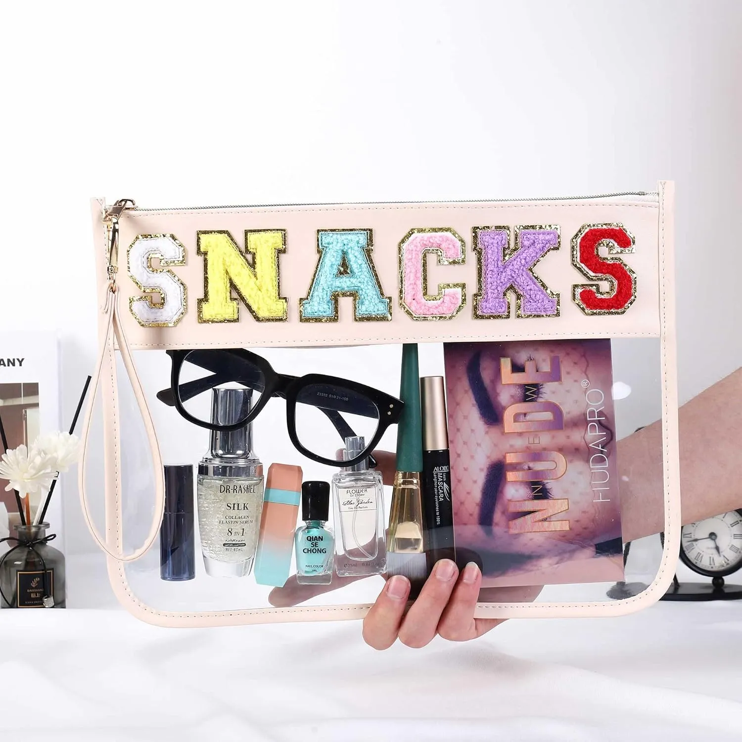 HAIBOLAN Monogram Clear Stadium Purse Bag Chenille Letter Travel Patch Pouch Snack Makeup Wristlet