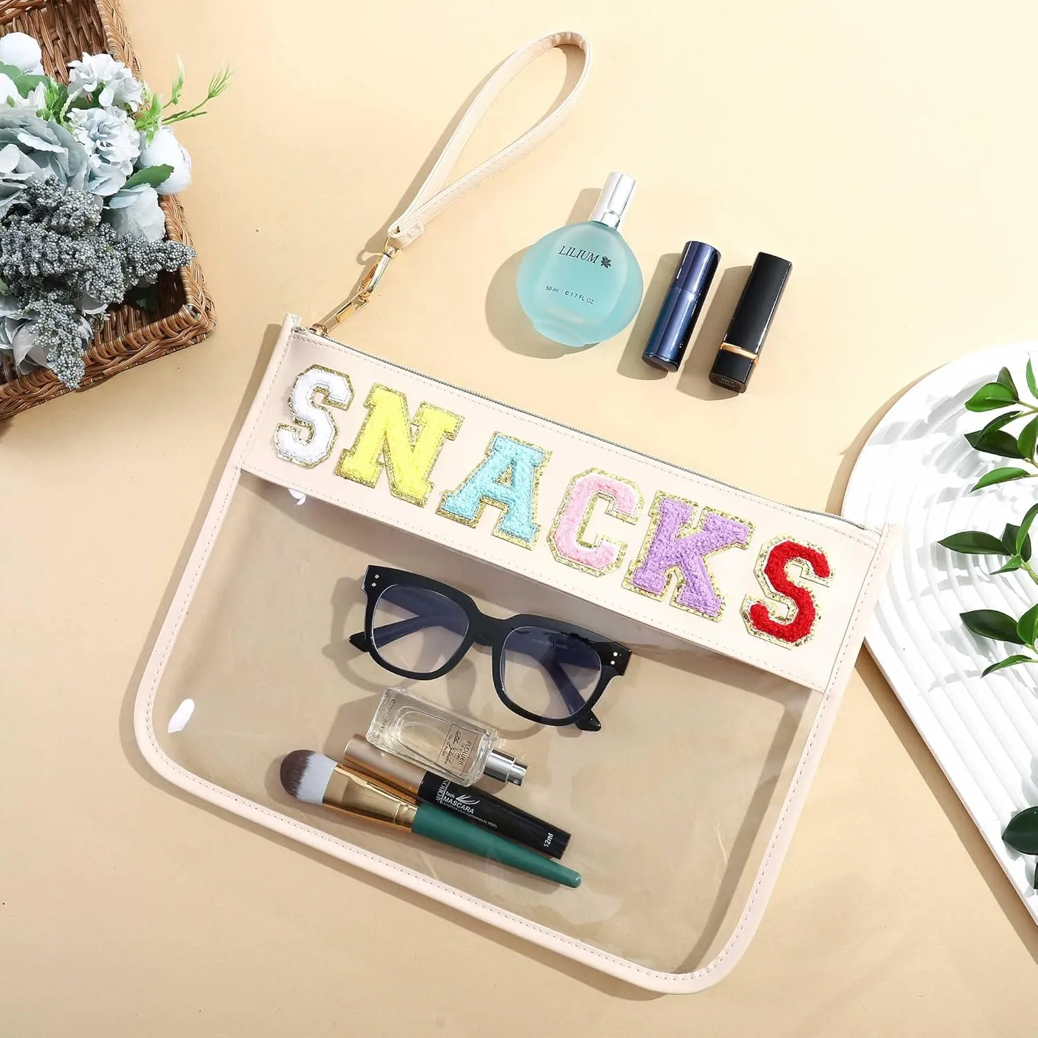 HAIBOLAN Monogram Clear Stadium Purse Bag Chenille Letter Travel Patch Pouch Snack Makeup Wristlet