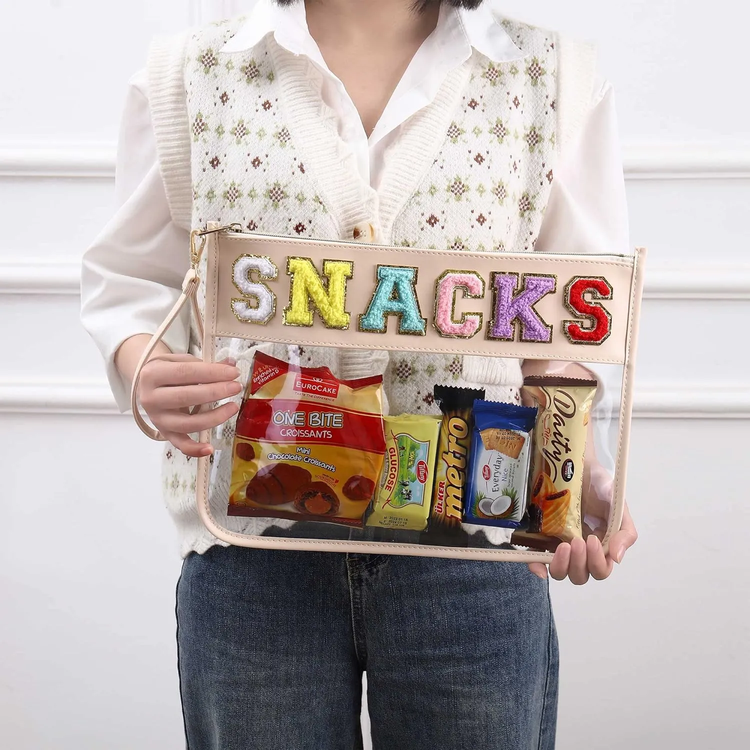 HAIBOLAN Monogram Clear Stadium Purse Bag Chenille Letter Travel Patch Pouch Snack Makeup Wristlet