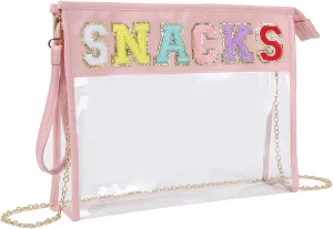 HAIBOLAN Monogram Clear Stadium Purse Bag Chenille Letter Travel Patch Pouch Snack Makeup Wristlet