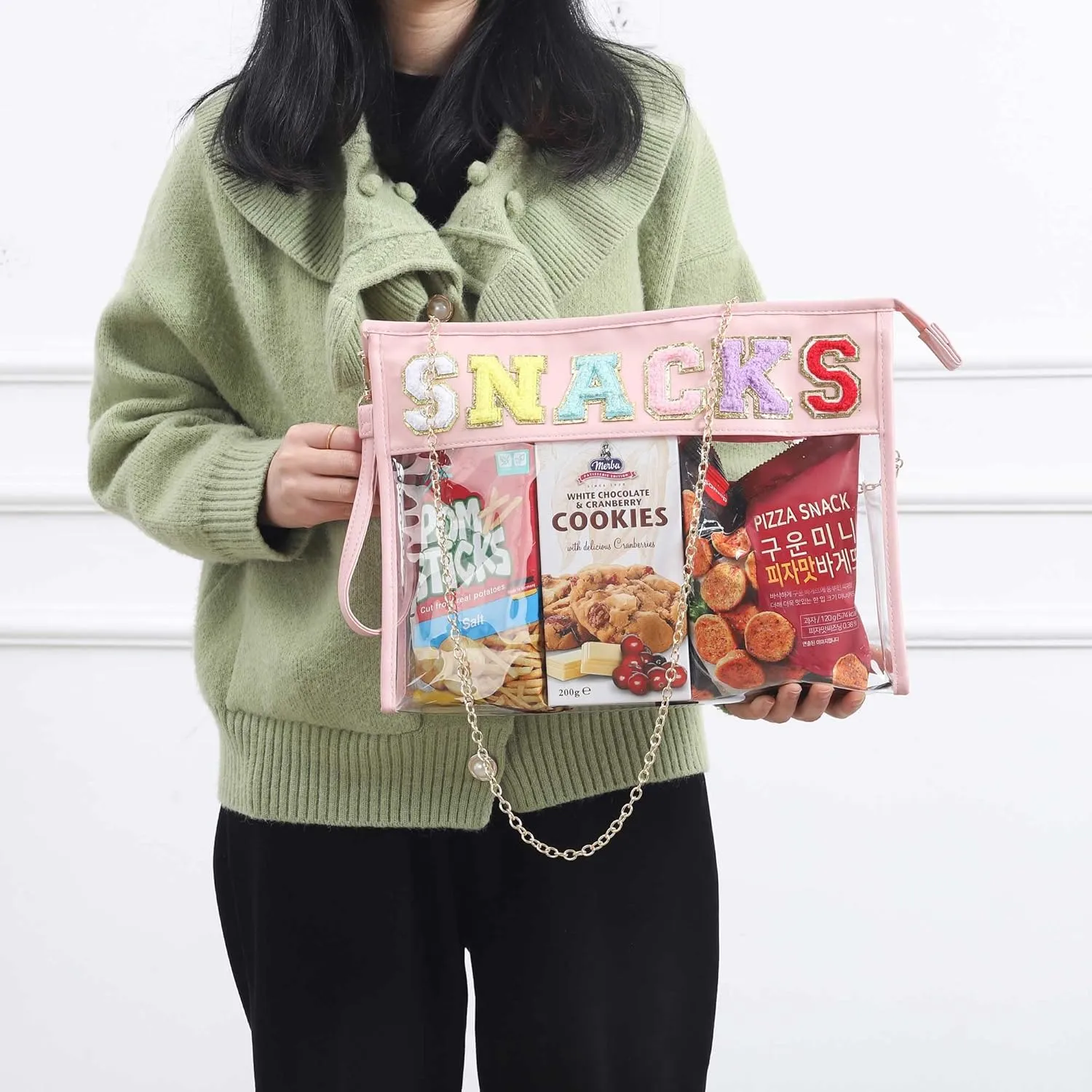HAIBOLAN Monogram Clear Stadium Purse Bag Chenille Letter Travel Patch Pouch Snack Makeup Wristlet