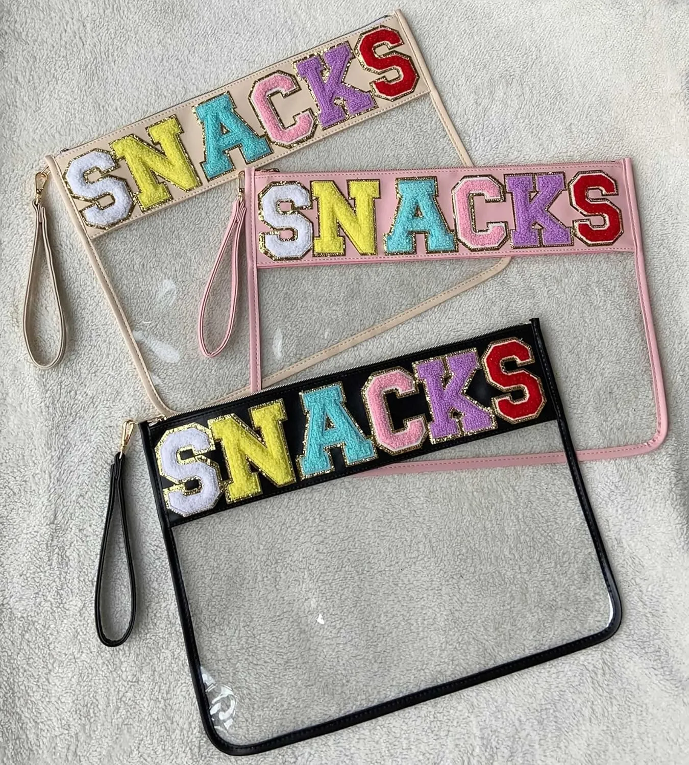 HAIBOLAN Monogram Clear Stadium Purse Bag Chenille Letter Travel Patch Pouch Snack Makeup Wristlet