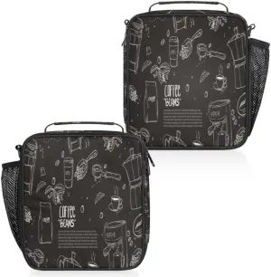 Hand Drawn Coffee Equipment Composition Background Insulated Lunch Bag Reusable Waterproofing Lunch Box with Shoulder Strap Handle and Water Bottle Net Bag for Travel Camping Beach Picnic