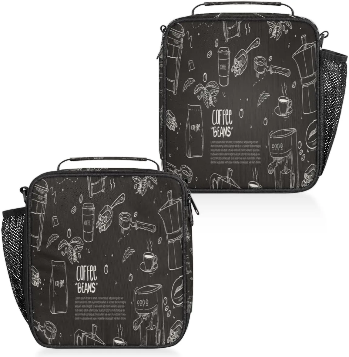 Hand Drawn Coffee Equipment Composition Background Insulated Lunch Bag Reusable Waterproofing Lunch Box with Shoulder Strap Handle and Water Bottle Net Bag for Travel Camping Beach Picnic