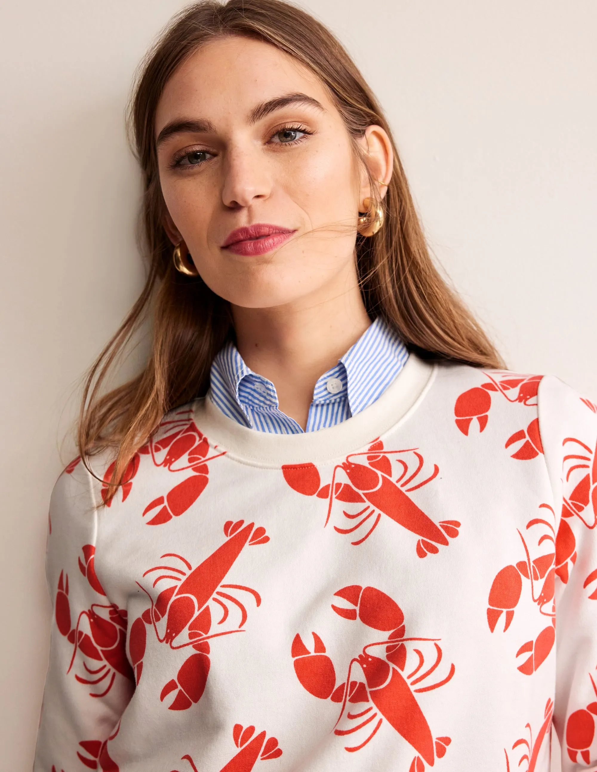 Hannah Printed Sweatshirt-Ivory, Lobster