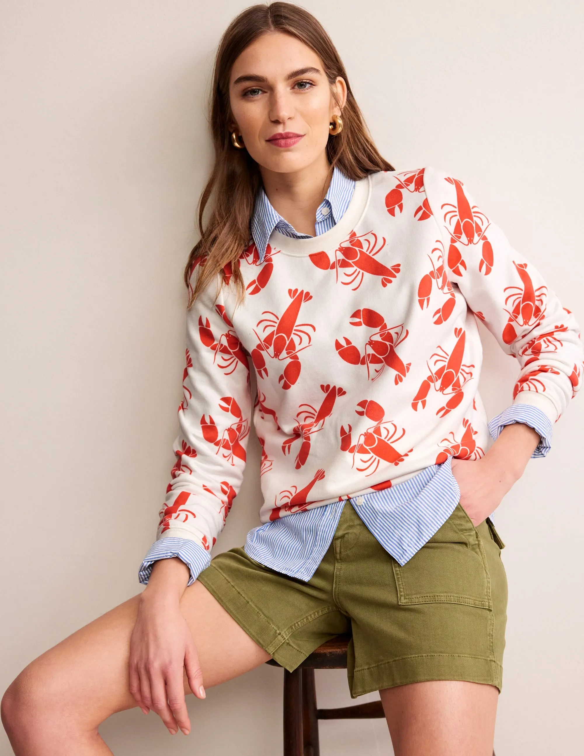 Hannah Printed Sweatshirt-Ivory, Lobster