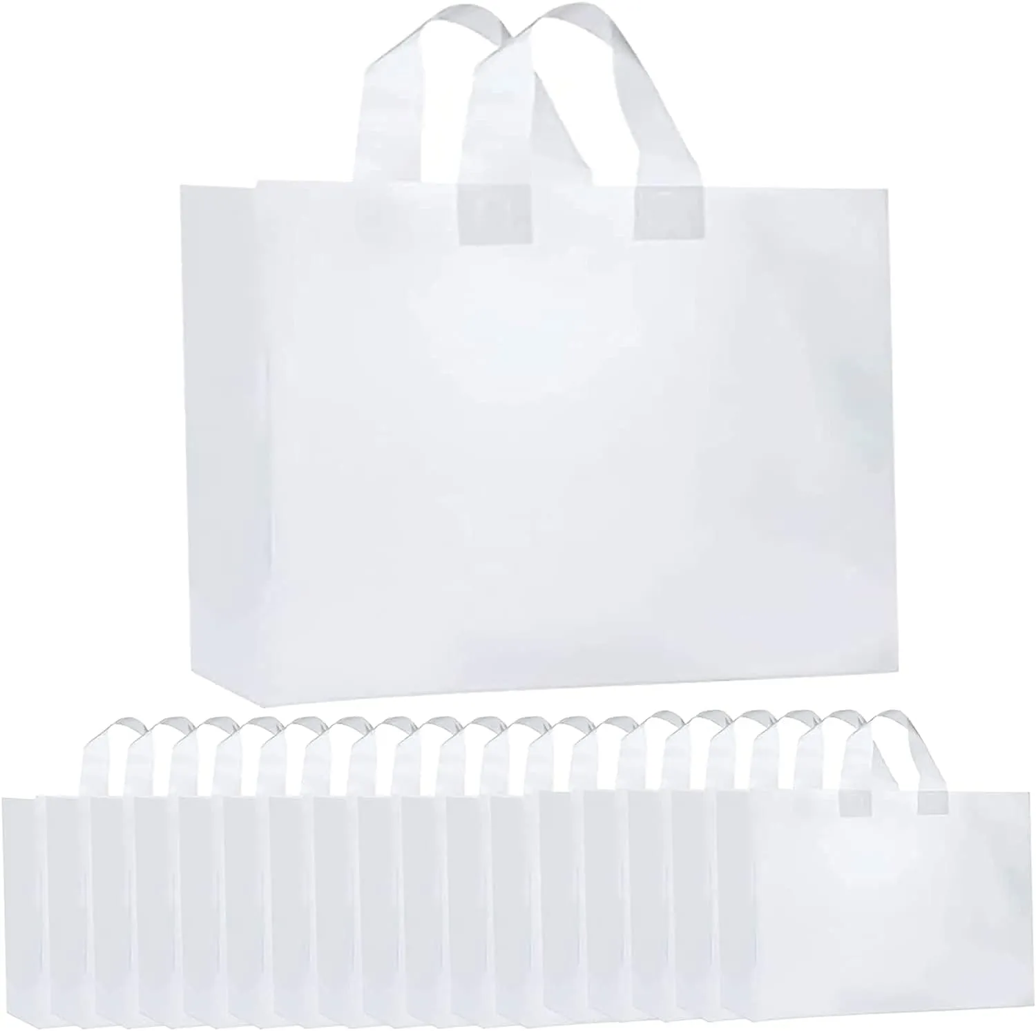 Haploon Clear Frosted Bags 100 Pcs Plastic Bag with Handles Bulk, Frosted Large Plastic Bags Soft for Shopping,Size 16" x 14" x 4", Small Business, Welcome Goody, Frosted Gift Tote for Boutiques
