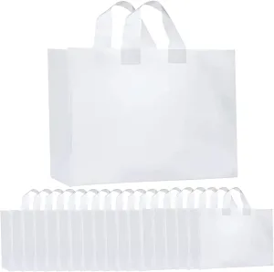 Haploon Clear Frosted Bags 100 Pcs Plastic Bag with Handles Bulk, Frosted Large Plastic Bags Soft for Shopping,Size 16" x 14" x 4", Small Business, Welcome Goody, Frosted Gift Tote for Boutiques