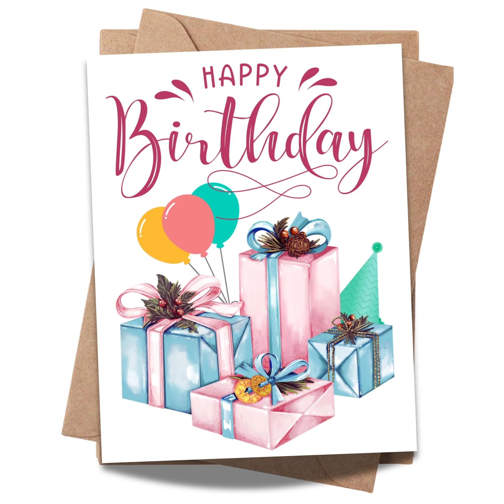 Happy Birthday Greeting Card – Colorful Gifts, Balloons & Party Hat Design – 4.25x5.5 inch – Blank Inside – Festive and Fun Card for All Ages & Occasions
