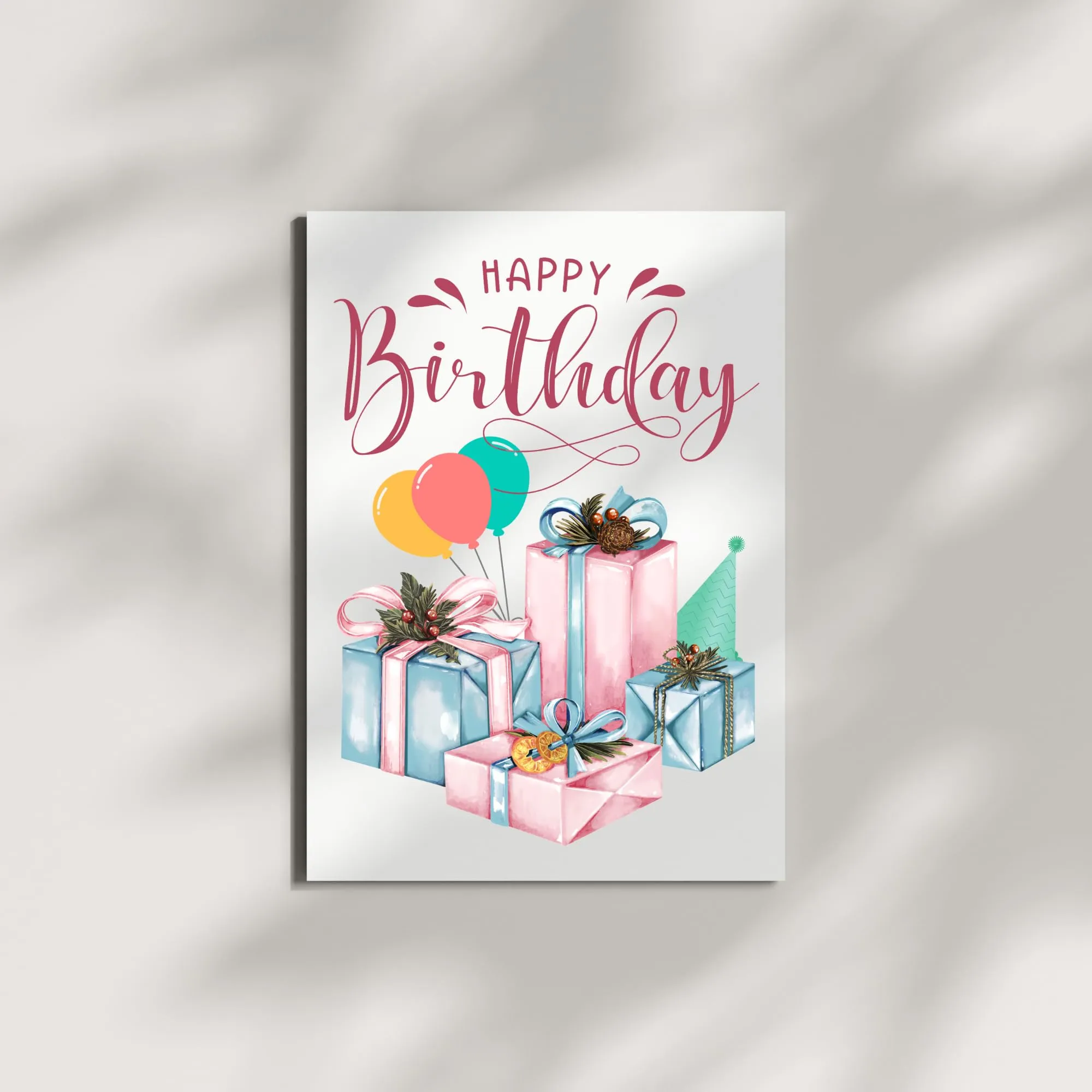 Happy Birthday Greeting Card – Colorful Gifts, Balloons & Party Hat Design – 4.25x5.5 inch – Blank Inside – Festive and Fun Card for All Ages & Occasions