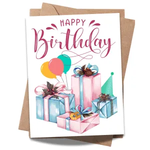 Happy Birthday Greeting Card – Colorful Gifts, Balloons & Party Hat Design – 4.25x5.5 inch – Blank Inside – Festive and Fun Card for All Ages & Occasions