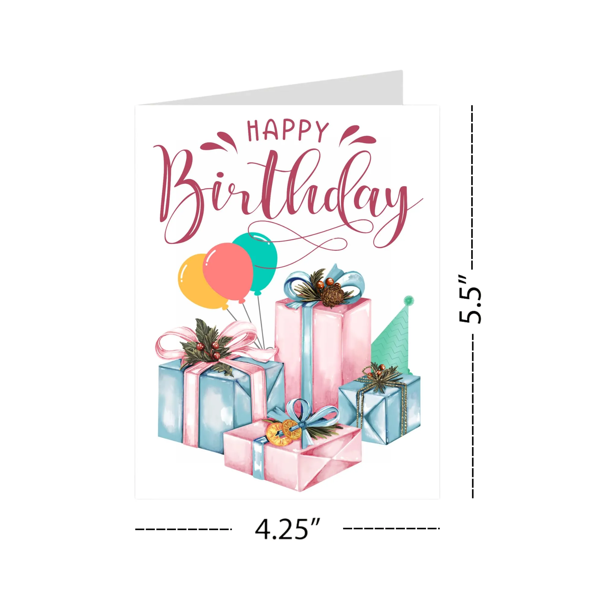 Happy Birthday Greeting Card – Colorful Gifts, Balloons & Party Hat Design – 4.25x5.5 inch – Blank Inside – Festive and Fun Card for All Ages & Occasions