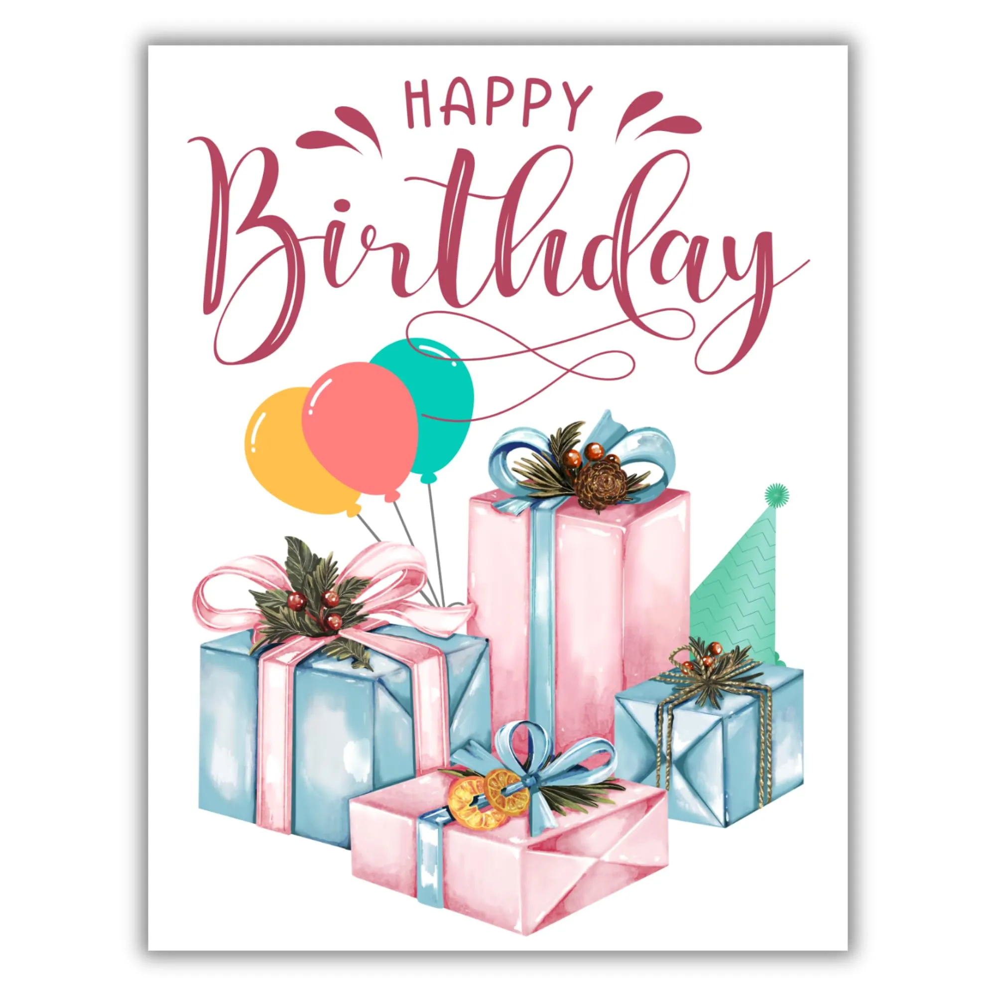 Happy Birthday Greeting Card – Colorful Gifts, Balloons & Party Hat Design – 4.25x5.5 inch – Blank Inside – Festive and Fun Card for All Ages & Occasions