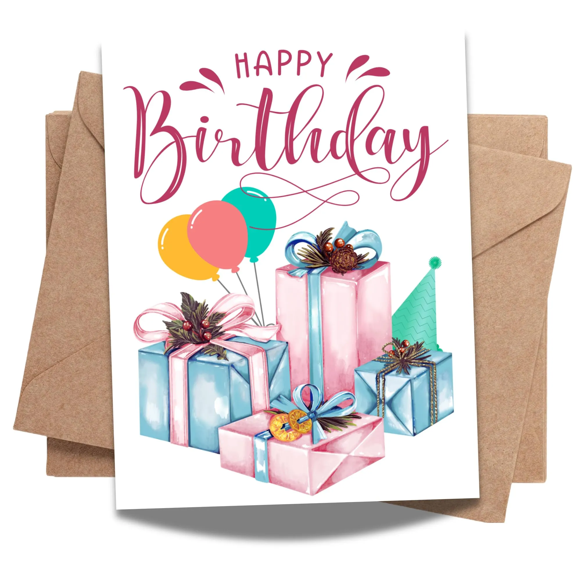 Happy Birthday Greeting Card – Colorful Gifts, Balloons & Party Hat Design – 4.25x5.5 inch – Blank Inside – Festive and Fun Card for All Ages & Occasions