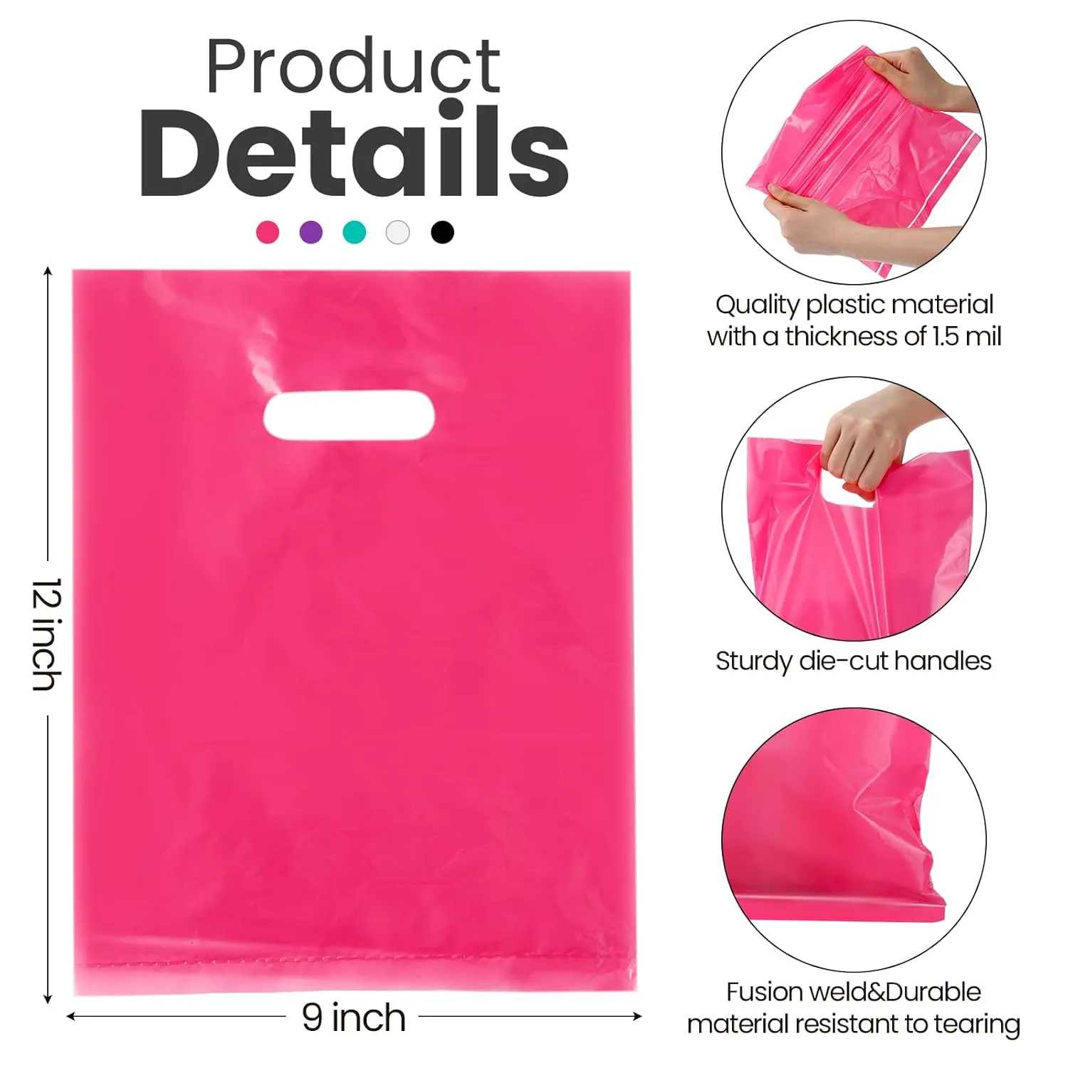 Harloon 500 Pcs Merchandise Shopping Bags Bulk for Business 1.5 Mil 9 x 12 Inch Thick Plastic Retail Boutique Bag for Party Favor Gift(Pink, Purple, Teal, White, Black)