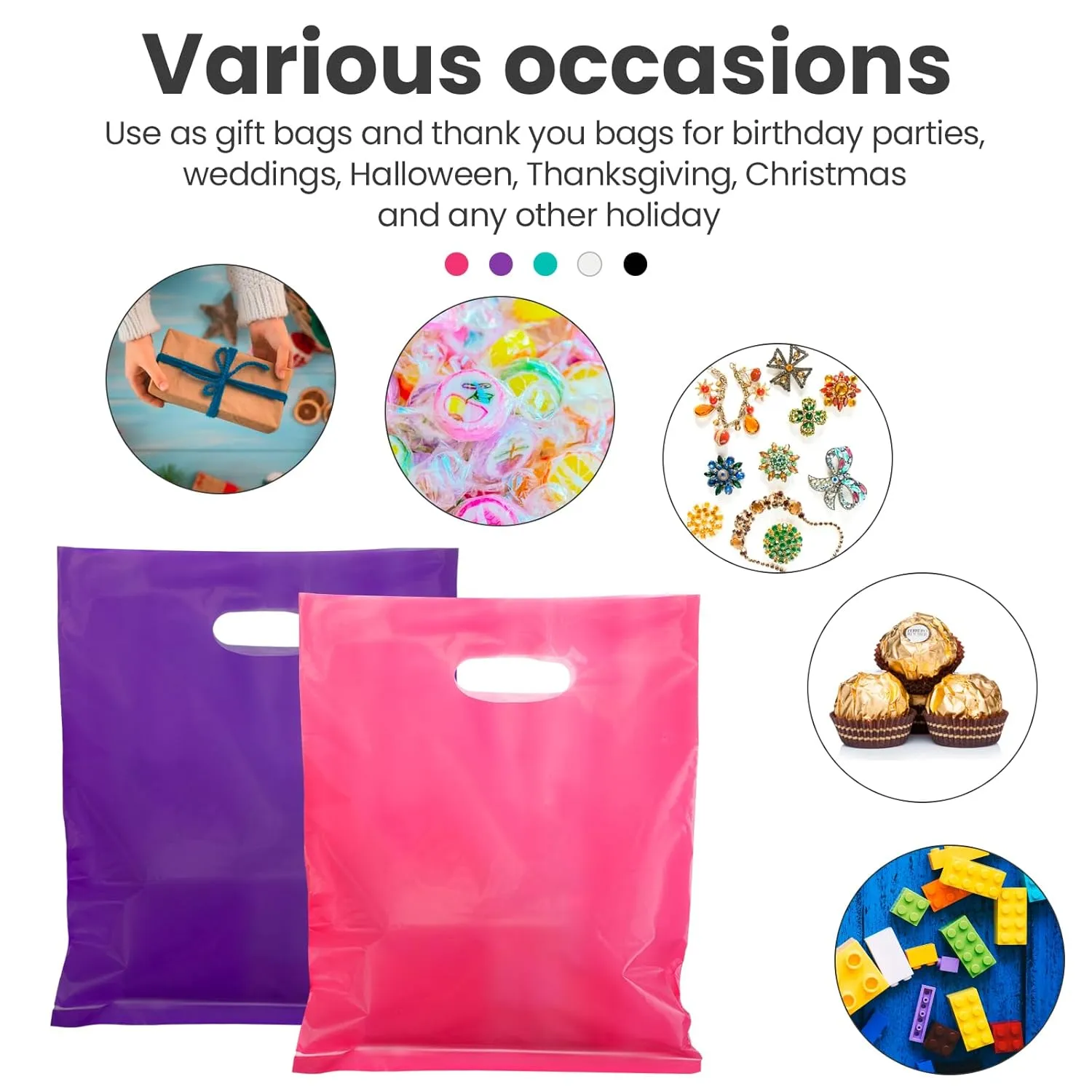 Harloon 500 Pcs Merchandise Shopping Bags Bulk for Business 1.5 Mil 9 x 12 Inch Thick Plastic Retail Boutique Bag for Party Favor Gift(Pink, Purple, Teal, White, Black)