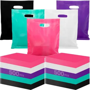 Harloon 500 Pcs Merchandise Shopping Bags Bulk for Business 1.5 Mil 9 x 12 Inch Thick Plastic Retail Boutique Bag for Party Favor Gift(Pink, Purple, Teal, White, Black)