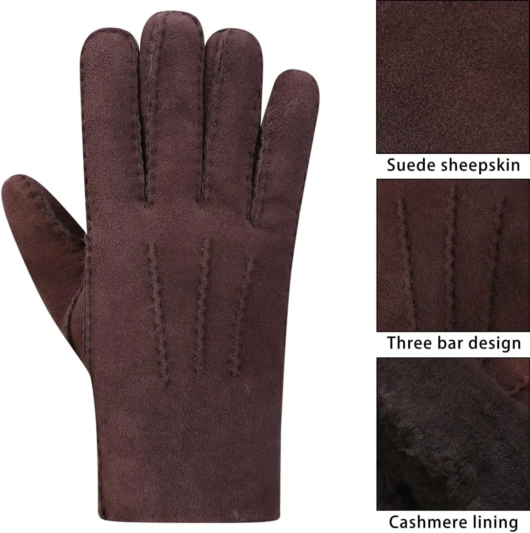 Harssidanzar Men Leather Gloves,Shearling Fur Cuff Thick Wool Lined for Winter Cold Weather Driving Gloves KM043US