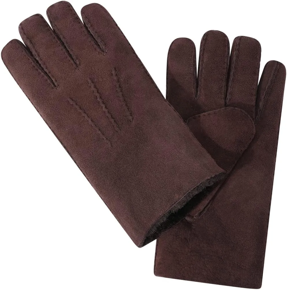 Harssidanzar Men Leather Gloves,Shearling Fur Cuff Thick Wool Lined for Winter Cold Weather Driving Gloves KM043US