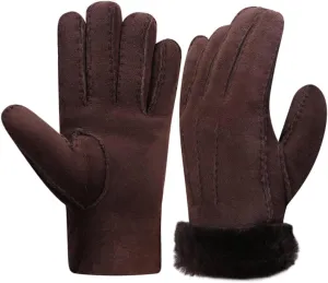 Harssidanzar Men Leather Gloves,Shearling Fur Cuff Thick Wool Lined for Winter Cold Weather Driving Gloves KM043US