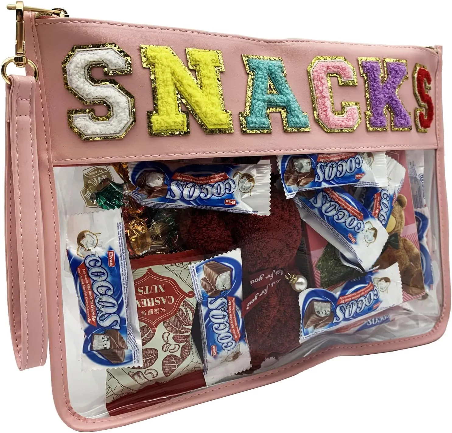 HASIOY Clear Pouch With Patches Snacks Bag Chenille Letter Bag Cosmetic Tote Bag With Gold Shoulder Straps
