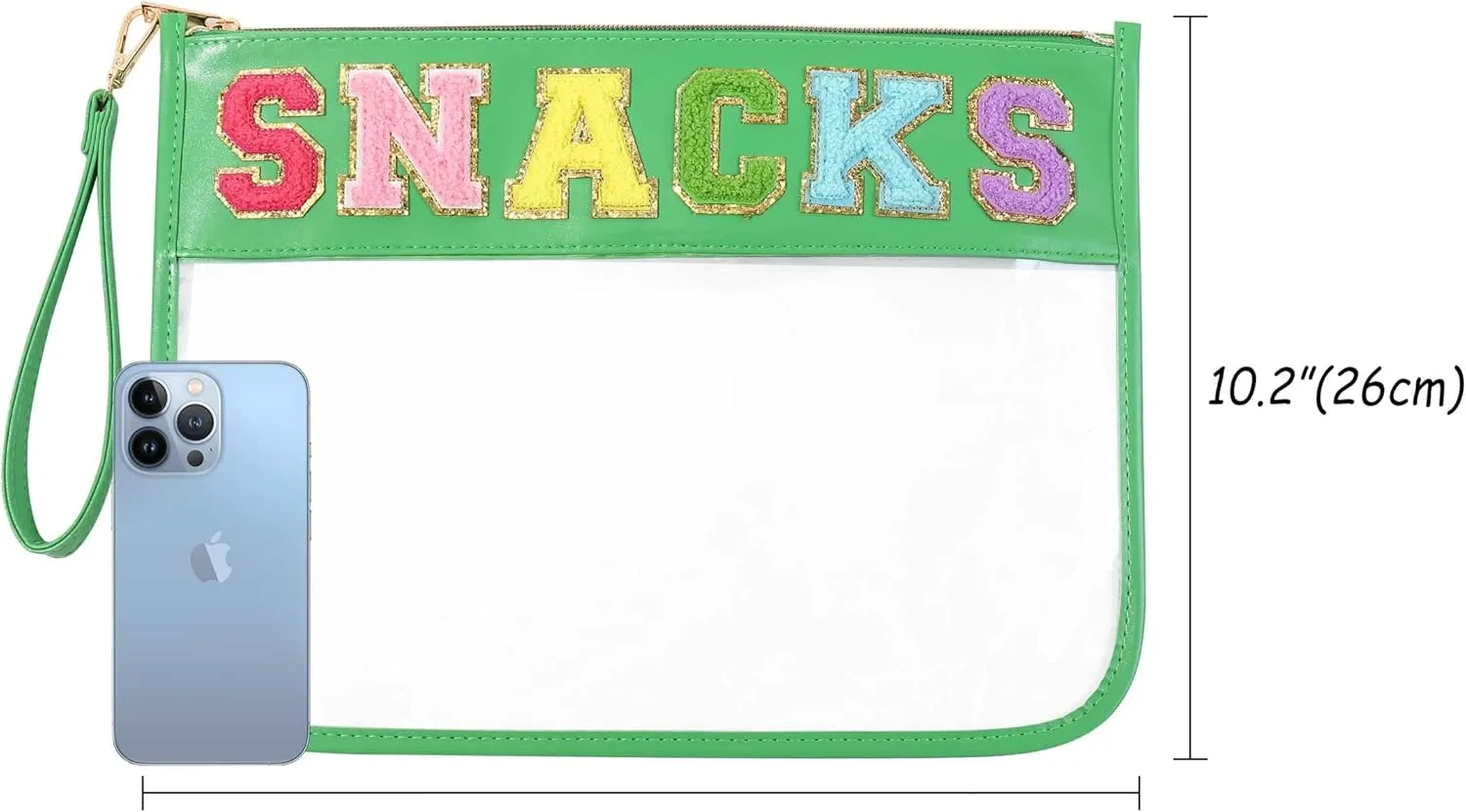 HASIOY Clear Pouch With Patches Snacks Bag Chenille Letter Bag Cosmetic Tote Bag With Gold Shoulder Straps