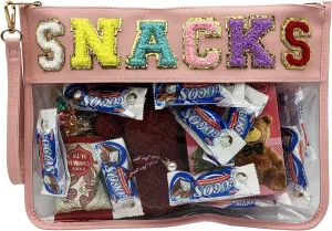 HASIOY Clear Pouch With Patches Snacks Bag Chenille Letter Bag Cosmetic Tote Bag With Gold Shoulder Straps
