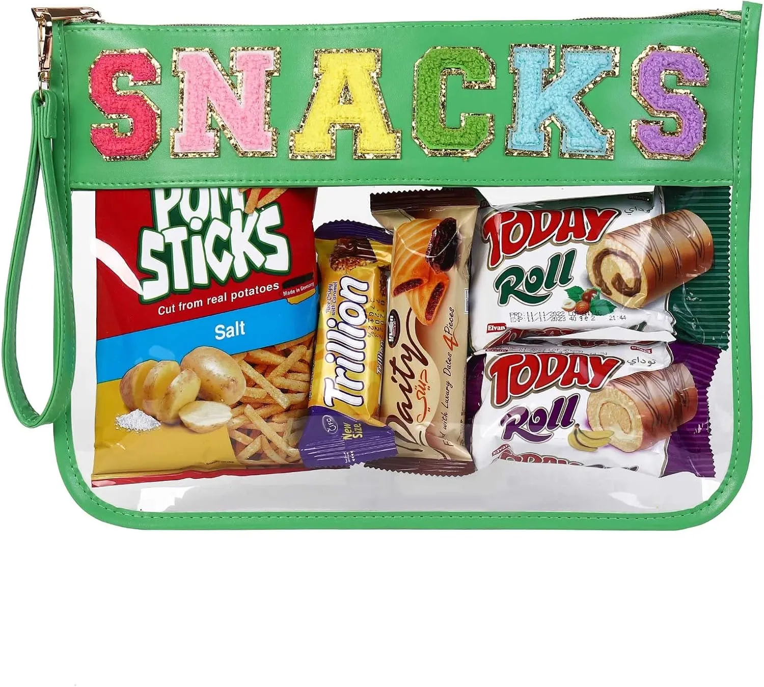 HASIOY Clear Pouch With Patches Snacks Bag Chenille Letter Bag Cosmetic Tote Bag With Gold Shoulder Straps