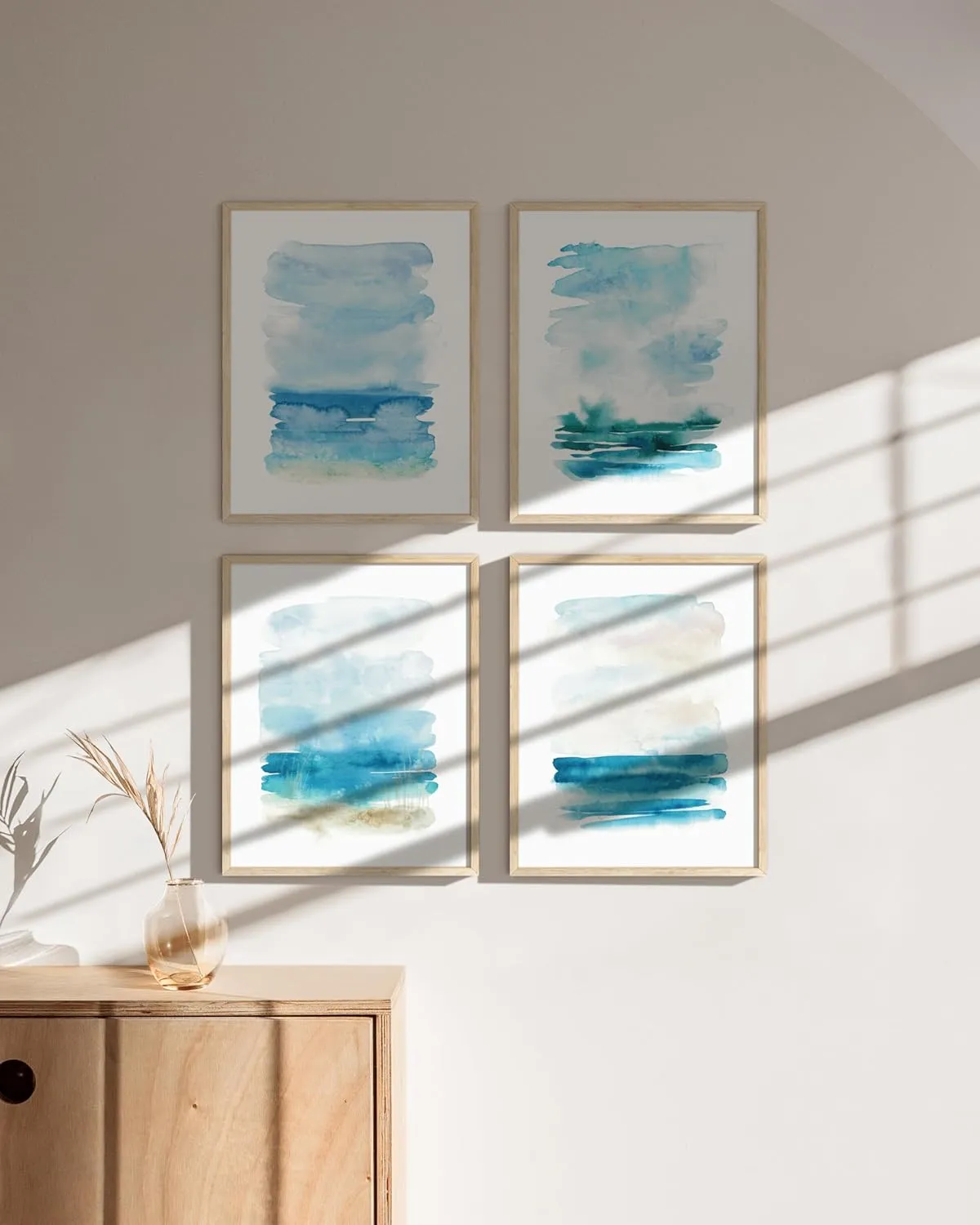 HAUS AND HUES Beach Poster Set of 4 – Abstract Ocean Prints, Nature Wall Art, Coastal Beach Scene Posters, Blue Watercolor Decor (Unframed, 11x14)